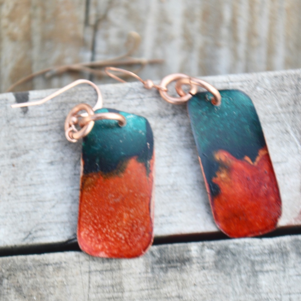 Abstract Brutalist Rustic Solid Pure Copper Earrings Red Handmade Geometric Blue - Picture 4 of 5